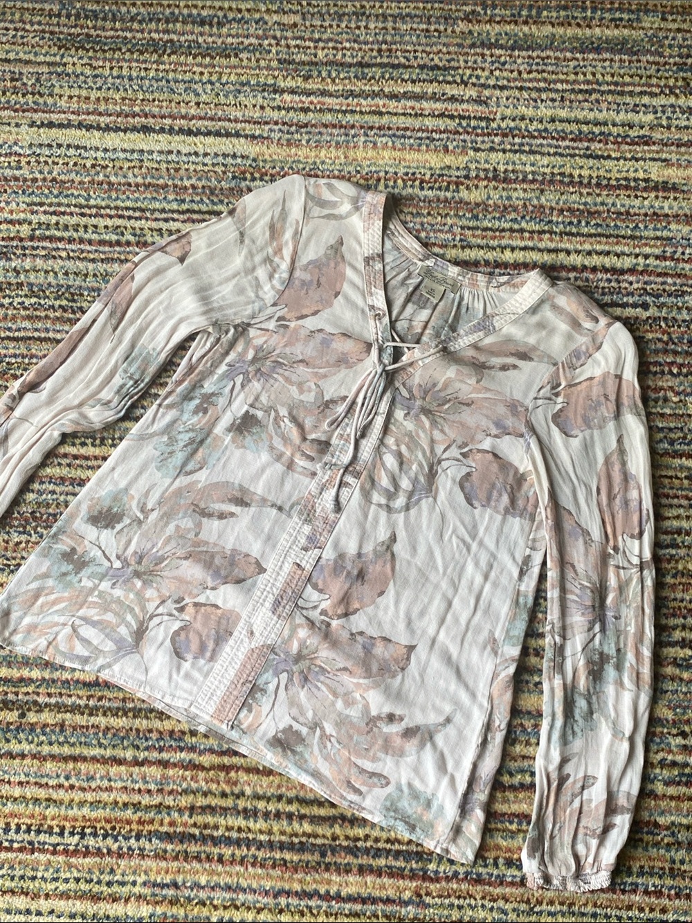 Lucky Brand Floral Tie-Front Long Sleeve Blouse in Beige and Mauve